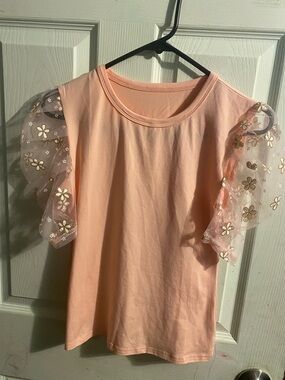 Peach Puff Sleeve Tee with Floral Organza Ruffles